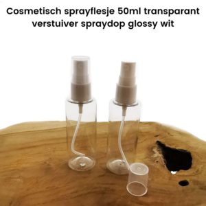 Cosmetisch sprayflesje 50ml pet transparant verstuiver spraydop glossy wit