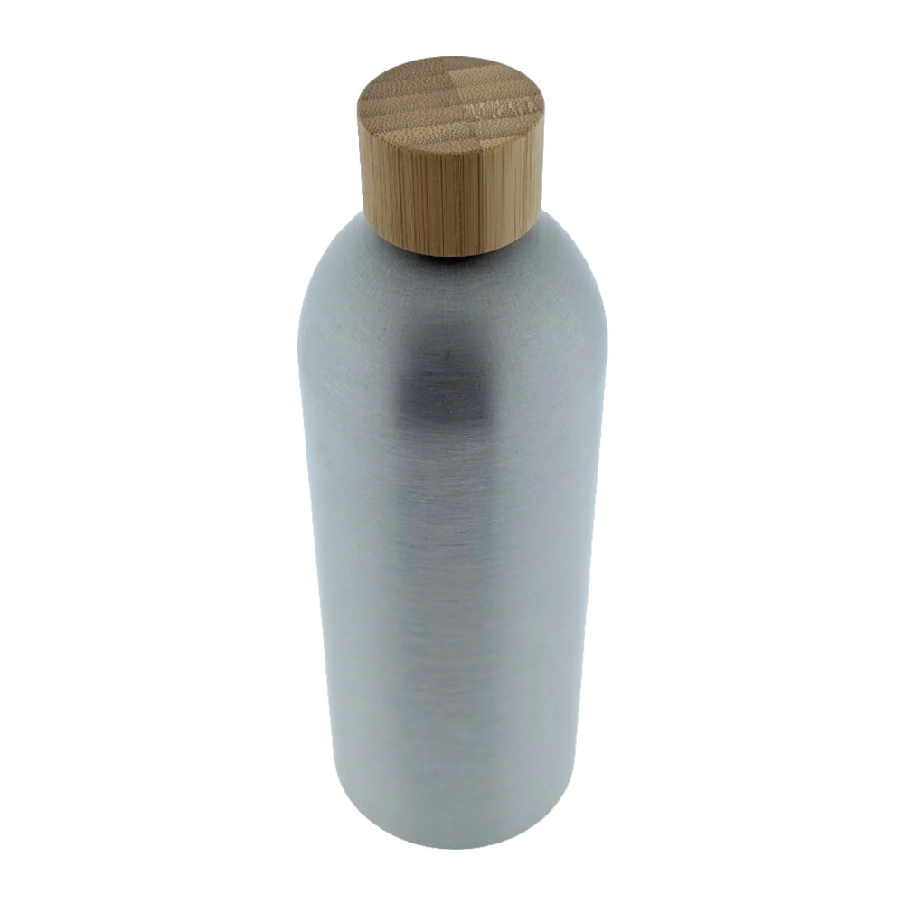aluminium-fles-mat-zilver-bamboe-dop-500ml Mat zilveren aluminium fles 500ml met natuurlijke bamboe dop voor cosmetica en vloeibare producten