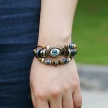 Armband oog bedel, retro vintage leer houten kralen henneptouw