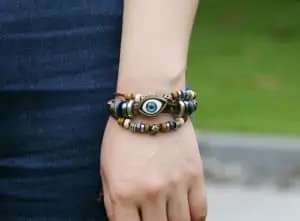Armband oog bedel, retro vintage leer houten kralen henneptouw
