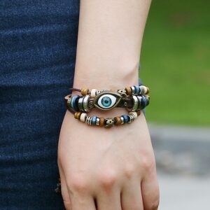 Armband oog bedel, retro vintage leer houten kralen henneptouw