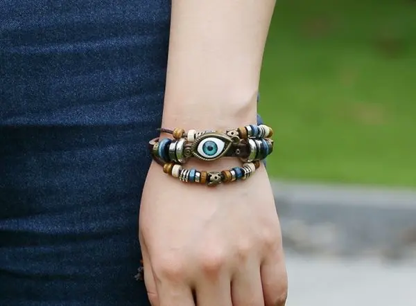 Armband oog bedel, retro vintage leer houten kralen henneptouw