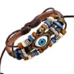 Armband oog bedel, retro vintage leer houten kralen henneptouw bruin
