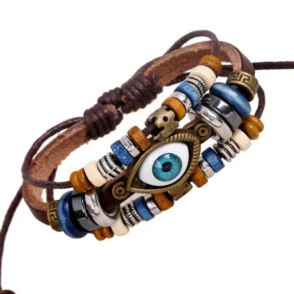 Armband oog bedel, retro vintage leer houten kralen henneptouw bruin