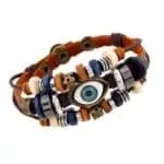 Armband oog bedel, retro vintage leer houten kralen henneptouw drukknoop