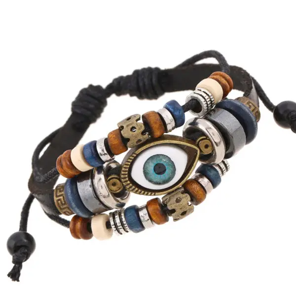 Armband oog bedel, retro vintage leer houten kralen henneptouw zwart