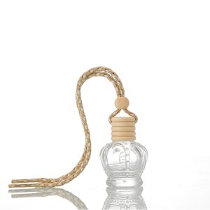 Glazen autoparfum flesje kroon model 12ml met houten dop en luxe hangkoord voor essentiële olie en aromatherapie
