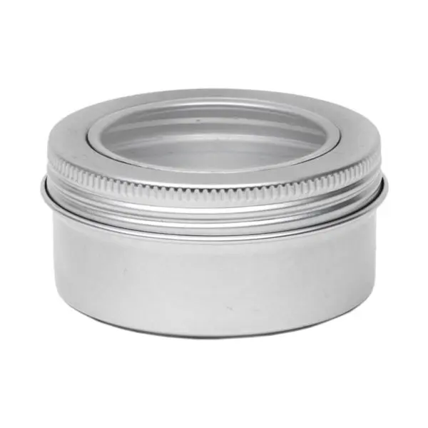 Blikken pot venster 150ml zilver rond, schroefdeksel + kijkvenster, aluminium verpakkingen