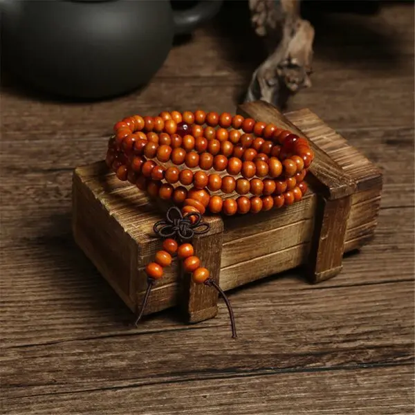 Boeddhistische oranje houten kralen armband ketting handgemaakt