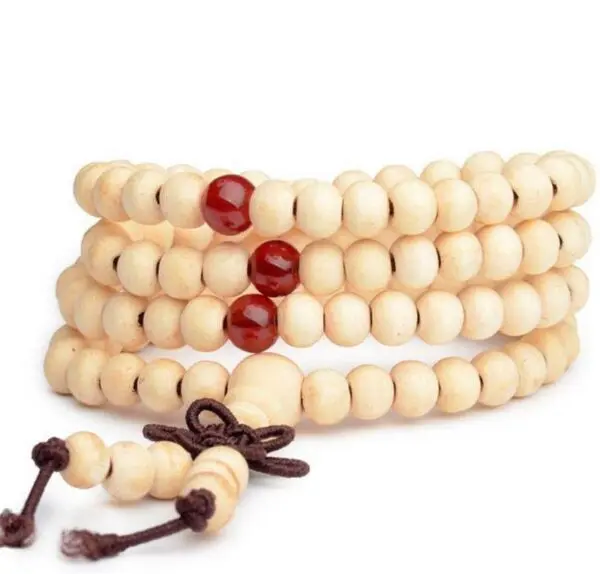 Boeddhistische witte houten kralen armband ketting handgemaakt