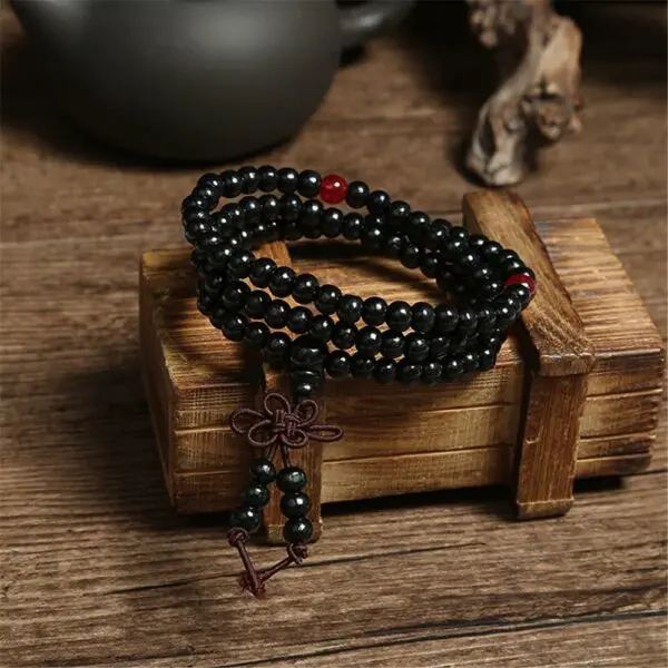 Boeddhistische zwarte houten kralen armband ketting handgemaakt