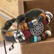 Boheemse armband vintage leer, houten kralen touw