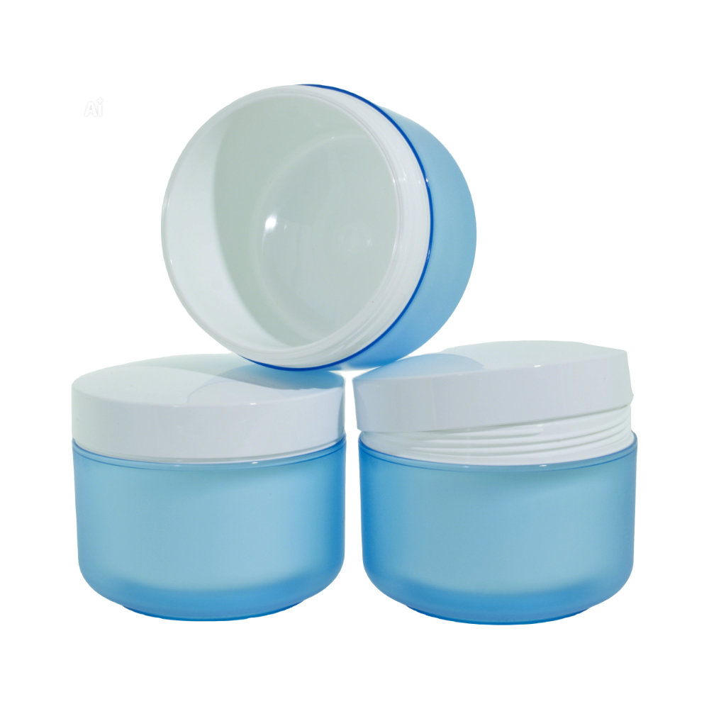 cremepot-blauw-200ml-dubbelwandig-witte-deksel Blauwe dubbelwandige cremepot 200ml kunststof cosmetica pot met witte deksel