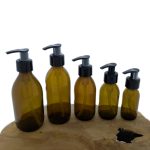Fles amber bruin glas lotion zeeppomp zwart 360º externe veer