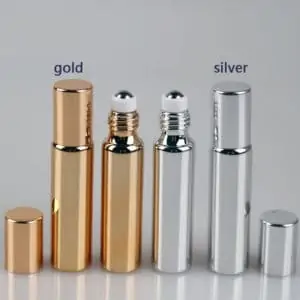Gekleurde glazen rollerflesjes goud of zilver + rvs roller