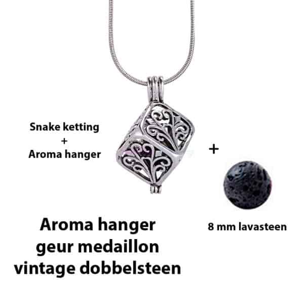 Geurketting parfumhanger vintage dobbelsteen lavasteen aromatherapie sieraad