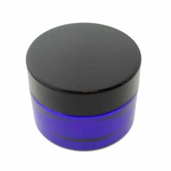 Glazen cosmetica pot 30ml blauw glas schroefdeksel zwart