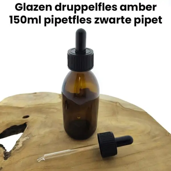 Glazen druppelfles amber bruin 150ml pipetfles zwarte pipet