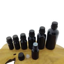 Glazen druppelflessen zwart glas 5 t/m 100ml druppeldop zwart.