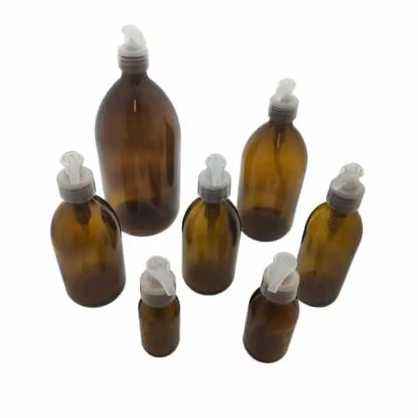 Glazen fles amber bruin glas lotion zeeppomp transparant