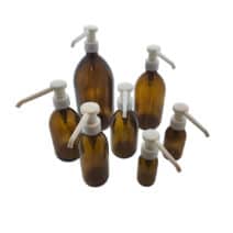 glazen-fles-amber-glas-zeeppomp-lotion-pomp-wit-lange-tuit
