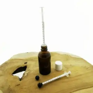 Glazen fles + Oral Dose dop kindveilig + spuit 1ml fles din18 glas 5 t/m 100ml