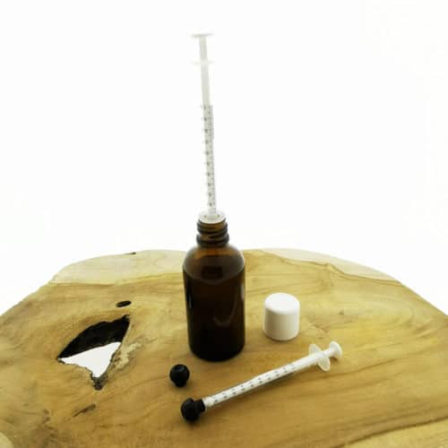 Glazen fles + Oral Dose dop kindveilig + spuit 1ml - fles din18 glas 5 t/m 100ml