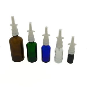 Glazen neusspray fles met neusverstuiver 5–100ml diverse glaskleuren