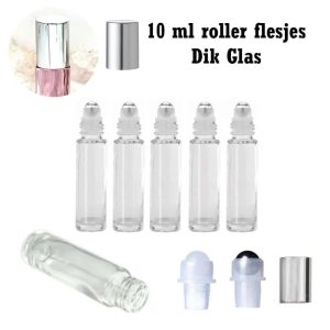 Glazen roller flesjes transparant dik glas 10 ml parfumrollers dop zilver