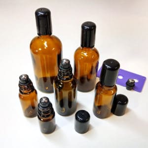 Glazen roller flessen amber glas fles + roller inzet + dop din18 - 18mm rvs roller bal