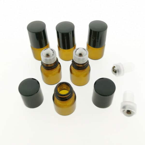 Glazen rollerflesjes 1ml bruin glas + zwarte dop, lege parfumrollers rvs roller bal