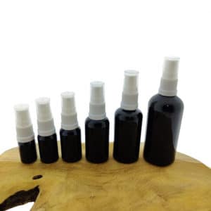 Glazen spray fles zwart glas verstuiver dop wit 5 ml t/m 100 ml