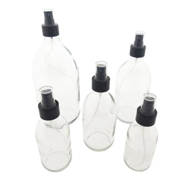 Glazen sprayfles helder transparant spray verstuiver glad glans zwart