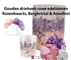 Gouden driehoek edelstenen Rozenkwarts, Bergkristal & Amethist