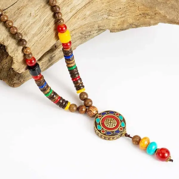 halsketting mala rond tibetaans boeddhistische houten kralenketting