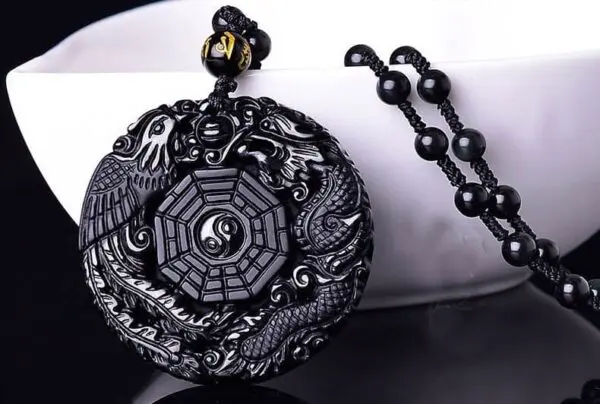 ketting yin yang dragon zwarte obsidiaan geluksamulet rond1