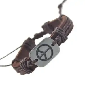 Peace armband bruin leer henneptouw + vrede symbool