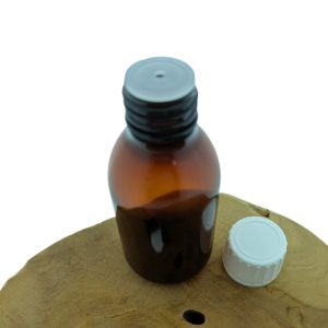 PET fles 150ml amber bruin DIN28 + druppelinsert 3 mm + dop met garantiesluiting