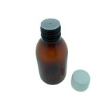 PET fles 150ml amber bruin DIN28 + druppelinsert 3 mm + dop met garantiesluiting