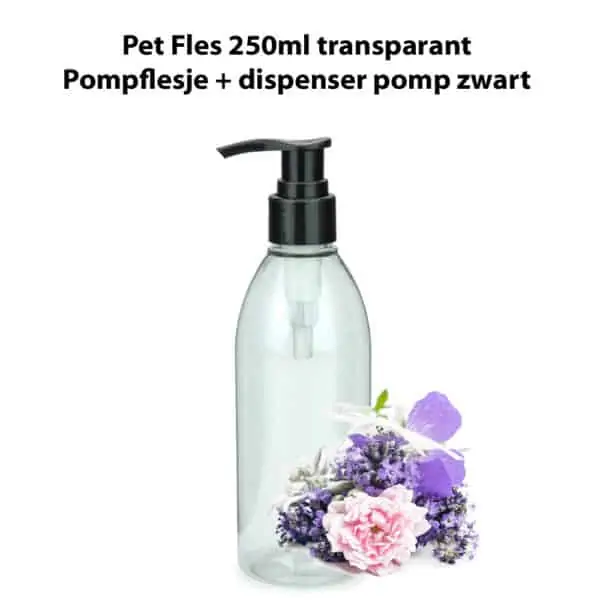 Pet Fles 250ml Pompflesje transparant + dispenser pomp zwart