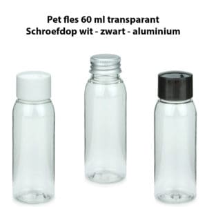 Pet fles 60 ml transparant schroefdop wit zwart aluminium