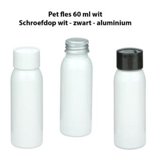 Pet fles 60 ml wit schroefdop wit - zwart - aluminium