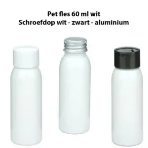 Pet fles 60 ml wit schroefdop wit zwart aluminium