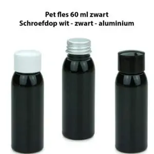 Pet fles 60 ml zwart schroefdop wit zwart aluminium