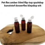 Pet fles amber 50ml flip top spuitdop kunststof doseerfles klepdop wit