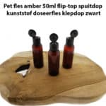 Pet fles amber 50ml flip top spuitdop kunststof doseerfles klepdop zwart