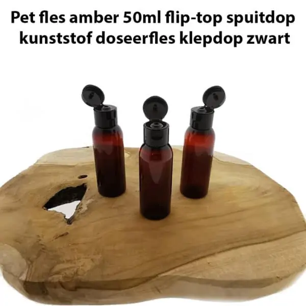 Pet fles amber 50ml flip top spuitdop kunststof doseerfles klepdop zwart