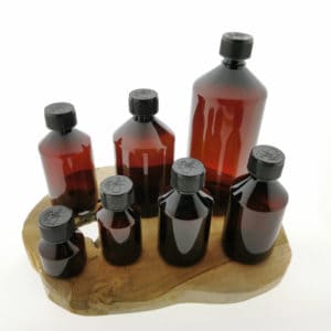 Pet fles amber bruin schroefdop kindveilig zwart DIN28 28/410