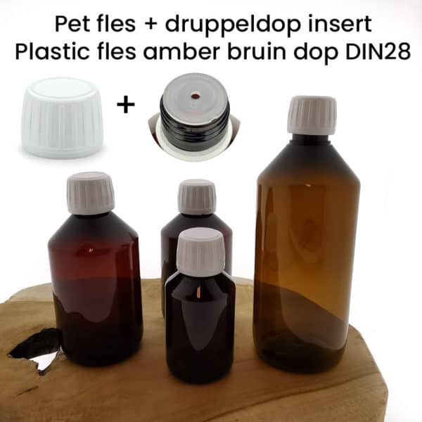 Pet fles druppel insert dop garantiesluiting - Plastic fles amber bruin DIN28