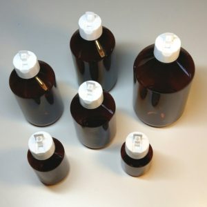 Pet fles polytop doseerdop - Plastic fles amber bruin DIN28